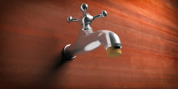 Stop leaking. Metal faucet blocked with a cork on brown wall background. 3d illustration — Stock Photo, Image