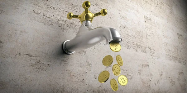 Bitcoins fließen aus einem goldenen silbernen Wasserhahn auf beigem Hintergrund. 3D-Illustration — Stockfoto