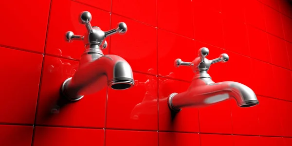 Rubinetti in metallo lucido acqua su sfondo piastrelle rosse. Illustrazione 3d — Foto Stock