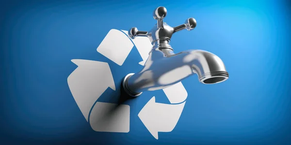 Poupa água. Torneira de água no fundo azul com símbolo de reciclagem. ilustração 3d — Fotografia de Stock