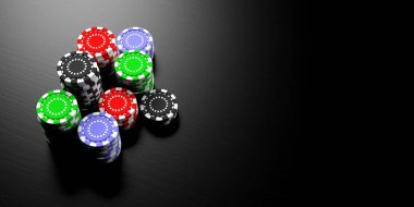 Casino kavramı. Siyah arka plan, afiş, kopya alanı yığınları Poker fişleri. 3D çizim
