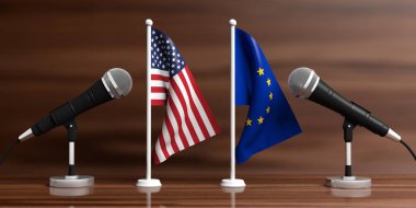 AB ve ABD minyatür bayrakları. Kablo mikrofonlar, ahşap arka plan, afiş. 3D çizim