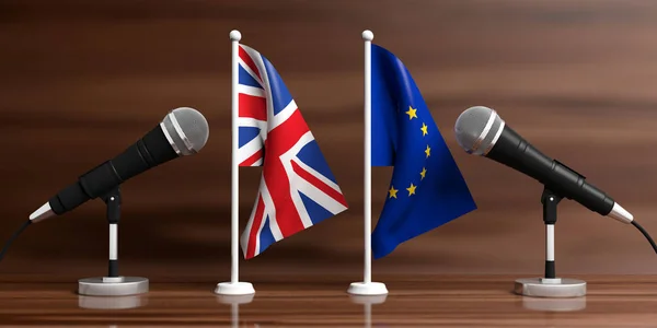 Banderas miniatura de la UE y el Reino Unido. Micrófonos de cable, fondo de madera, banner. ilustración 3d —  Fotos de Stock