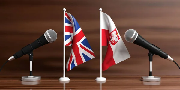 UK and Poland miniature flags. Cable microphones, wooden background, banner. 3d illustration