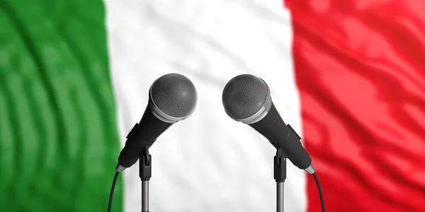 Італія прапор фону з двох мікрофони перед ним. Закрити подання. 3D ілюстрація — стокове фото