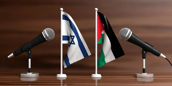 Palästinensische und israel Miniaturfahnen. Kabelmikrofone, Holzhintergrund, Banner. 3D-Illustration — Stockfoto