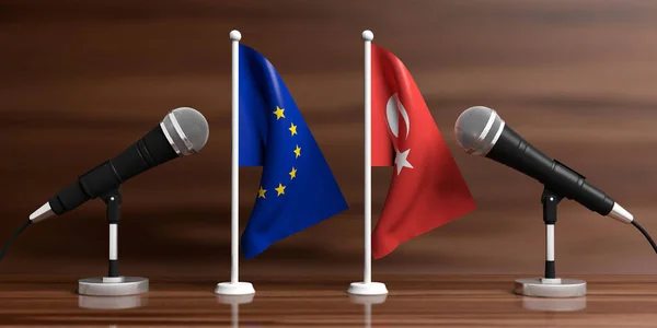 Прапори мініатюрні ЄС і Туреччиною. Кабель мікрофони, дерев'яними тлі, банер. 3D ілюстрація — стокове фото