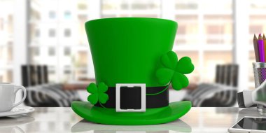 Dört yapraklı yonca Office ile St Patricks Günü cin şapka arka plan bulanıklık. 3D çizim