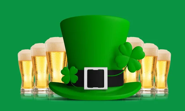 St Patricks Day leprechaun hat and beer glasse isolated on green background. 3d illustration
