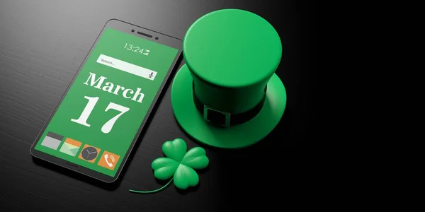 17 marzo, giorno di San Patrizio sullo schermo dello smartphone e cappello leprecauno su sfondo nero, copiare spazio. Illustrazione 3d — Foto Stock