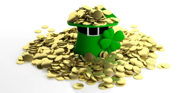 St Patricks Day sombrero de duende y monedas de oro aisladas sobre fondo blanco. ilustración 3d —  Fotos de Stock