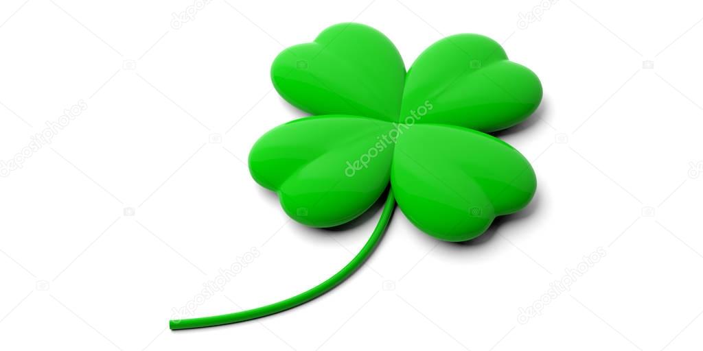 St Patrick's Day symbol. Green four leaf clover isolated on white background. 3d illustration