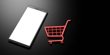 Smartphone online alışveriş. Boş beyaz ekran ve bir siyah arka plan, afiş, kopya alanı üzerinde bir alışveriş arabası ile smartphone. 3D çizim