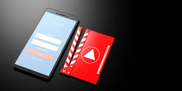 Filmspieler auf dem Smartphone. Login auf einem Smartphone-Bildschirm und Filmplayer auf schwarzem Hintergrund, Banner, Kopierraum. 3D-Illustration — Stockfoto