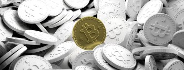 Cryptocurrency kavramı. Beyaz bitcoins zemin üzerine altın bitcoin. 3D çizim