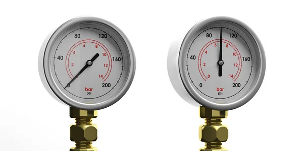 Manometry przemysłowe na białym tle na białym tle, widok z przodu. ilustracja 3D — Zdjęcie stockowe