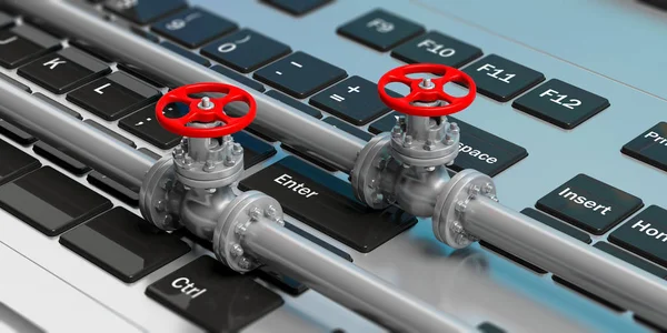 Industrial pipelines and valves on computer keyboard. 3d illustration