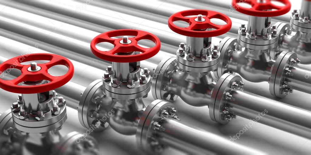 Industrial pipelines and valves close up on white background. 3d illustration