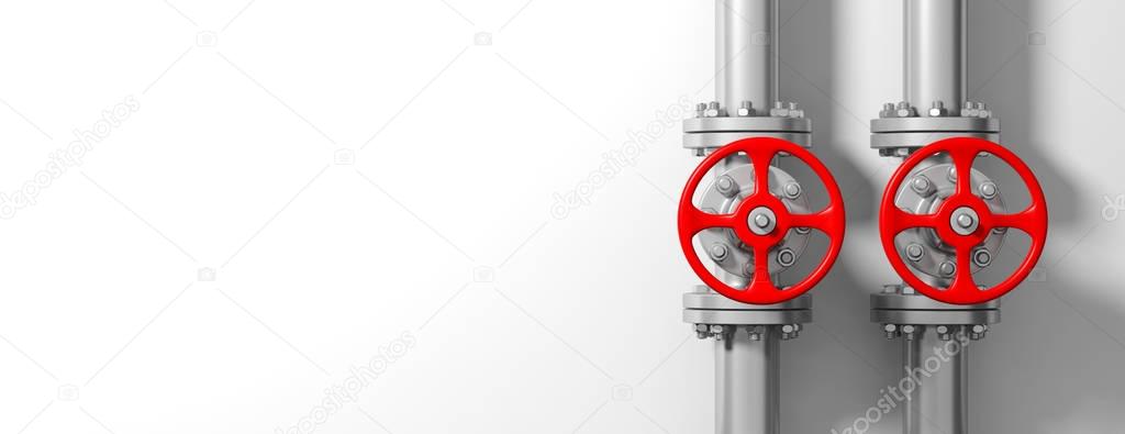 Industrial pipelines and valves on white wall background, banner, copy space. 3d illustration