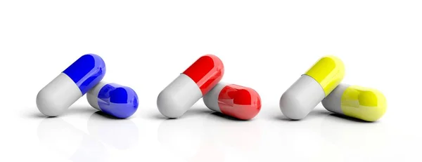 Pillen capsules geïsoleerd op een witte achtergrond. 3D illustratie — Stockfoto