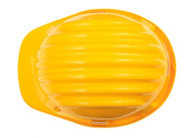 Sağlık ve güvenlik. Beyaz arka plan üzerinde izole inşaat kask. Üstten Görünüm