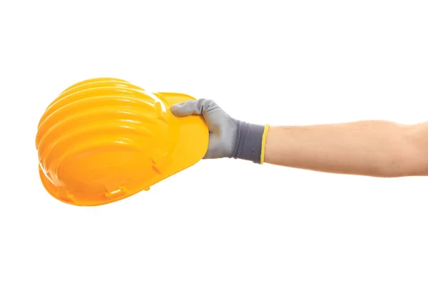 Health and Safety. Hand holding a Hard hat on white background — Stock Photo, Image