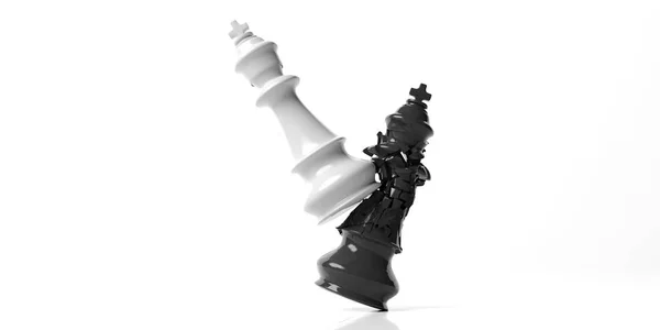 Re degli scacchi neri rotto dal re bianco, isolato su sfondo bianco. Illustrazione 3d — Foto Stock