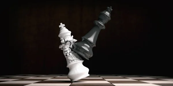 Vita chess king fördelade den svarta kungen, på ett schackbräde. 3D illustration — Stockfoto