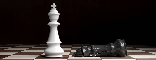 Blanc roi des échecs debout sur l'échiquier, noir roi vers le bas cassé. Illustration 3d — Photo