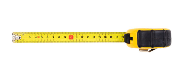 Measuring tape isolated on white background, top view