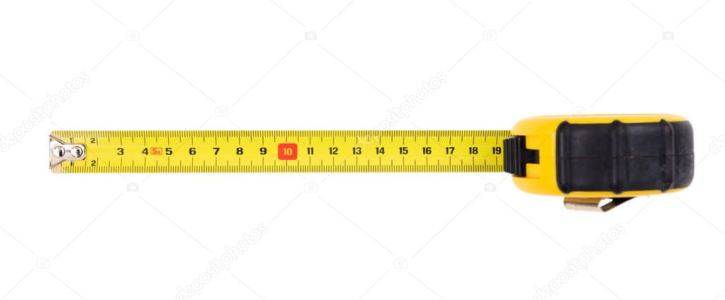 Measuring tape isolated on white background, top view