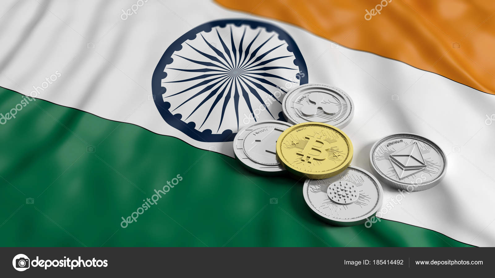 Cryptocurrency in India. Golden bitcoin and variety of silver virtual coins  on India flag background. 3d illustration — Stock Editorial Photo © gioiak2  #185414492