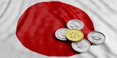 Japonya'nın Cryptocurrency. Altın bitcoin ve Japonya'ya sanal gümüş çeşitli arka plan bayrak. 3D çizim