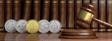 Cryptocurrency hukuk. Tokmak ve hukuk kitapları arka planda, sanal sikkeleri çeşitli afiş. 3D çizim