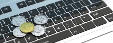 Cryptocurrency. Altın bitcoin ve bir dizüstü bilgisayarda sanal gümüş çeşitli. 3D çizim