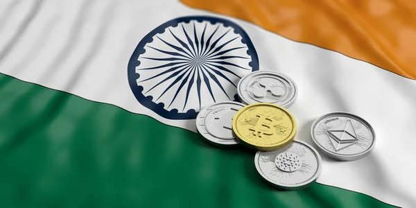 Criptomoneda en la India. Bitcoin oro y variedad de monedas virtuales de plata en el fondo de la bandera de la India. ilustración 3d —  Fotos de Stock