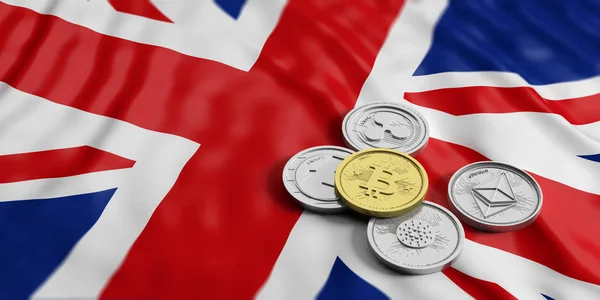 Cryptocurrency in UK. Golden bitcoin and variety of silver virtual coins on United Kingdom flag background. 3d illustration — Stock Photo, Image