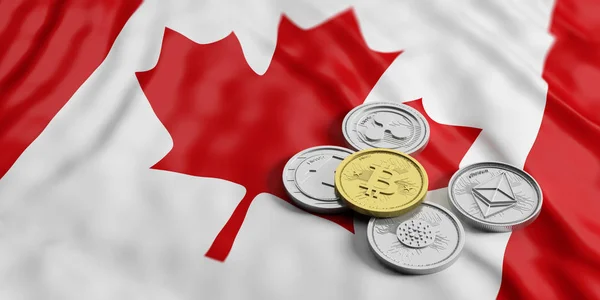 Cryptocurrency in Canada. Golden bitcoin and variety of silver virtual coins on Canada flag background. 3d illustration — Stock Photo, Image