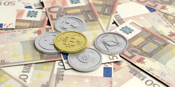 Cryptocurrency。金色比特币和各种银色虚拟硬币上50欧元钞票。3d 插图 — 图库照片