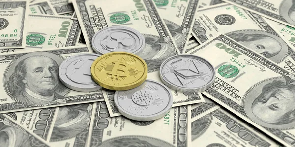 Криптовалюта. Золотой биткойн и разнообразие серебряных виртуальных монет на банкнотах по сто долларов. 3d иллюстрация — стоковое фото