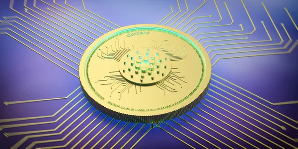 Cardano, criptomoneda. Cardano sobre fondo de circuito electrónico. ilustración 3d — Foto de Stock