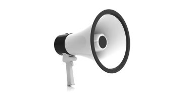 Bullhorn, megafon beyaz beyaz arka planda siyah ayrıntılar ile. 3D çizim