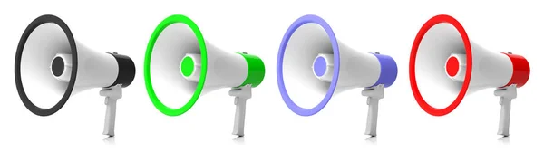 Bullhorns, megafony koláž na bílém pozadí. 3D obrázek — Stock fotografie
