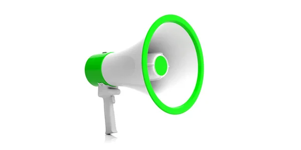 Bullhorn, megafon bílá se zelenou detaily na bílém pozadí. 3D obrázek — Stock fotografie
