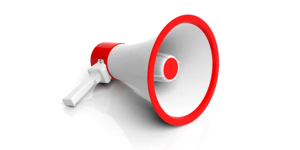 Bullhorn, megafoon wit met rode details op witte achtergrond. 3D illustratie — Stockfoto
