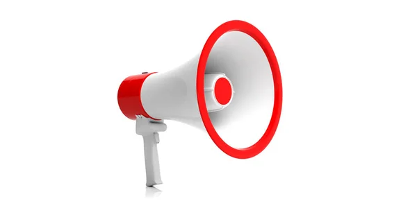 Bullhorn, megafono bianco con dettagli rossi su sfondo bianco. Illustrazione 3d — Foto Stock