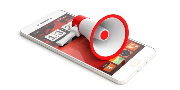 MegaFon, bullhorn på en smartphone. MegaFon med röda detaljer på vit bakgrund. 3D illustration — Stockfoto