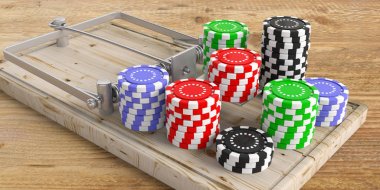 Kumar bağımlılığı. Casino poker fişleri üzerinde ahşap zemin üzerinde bir fare kapanı. 3D çizim