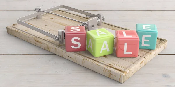 Prodej text na barevné kostky a past na myši, dřevěná podlaha pozadí. 3D obrázek — Stock fotografie
