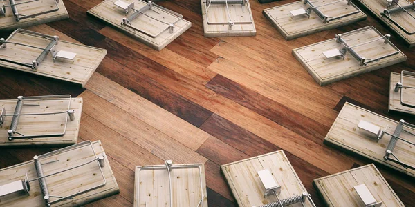 Trappole per mouse vuote sul pavimento in legno, copiare spazio. Illustrazione 3d — Foto Stock